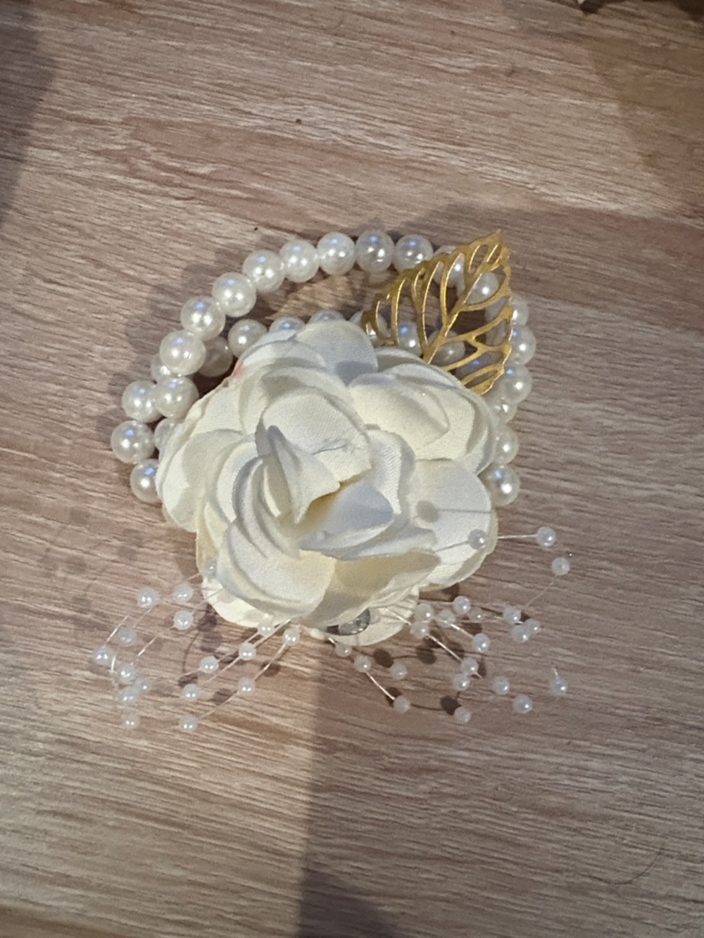 Ivory Floral Pearl Wrist Corsage with Gold Leaf Accent